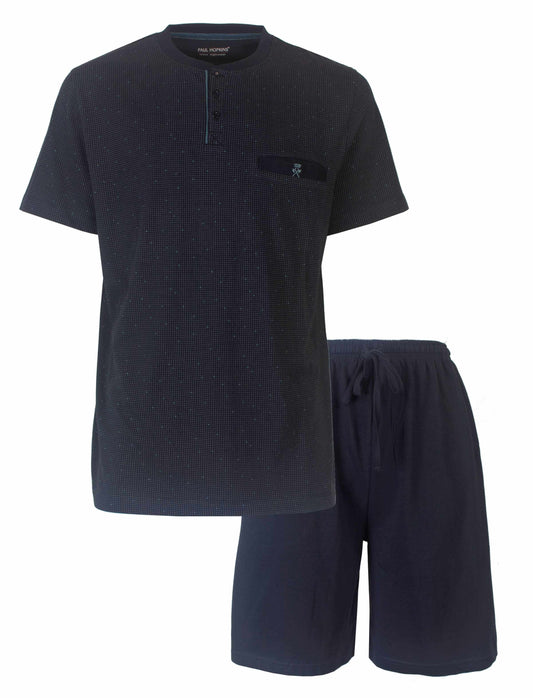 Donkerblauwe heren shortama set met geprint dessin, ronde hals en sluiting, en korte broek van Paul Hopkins.