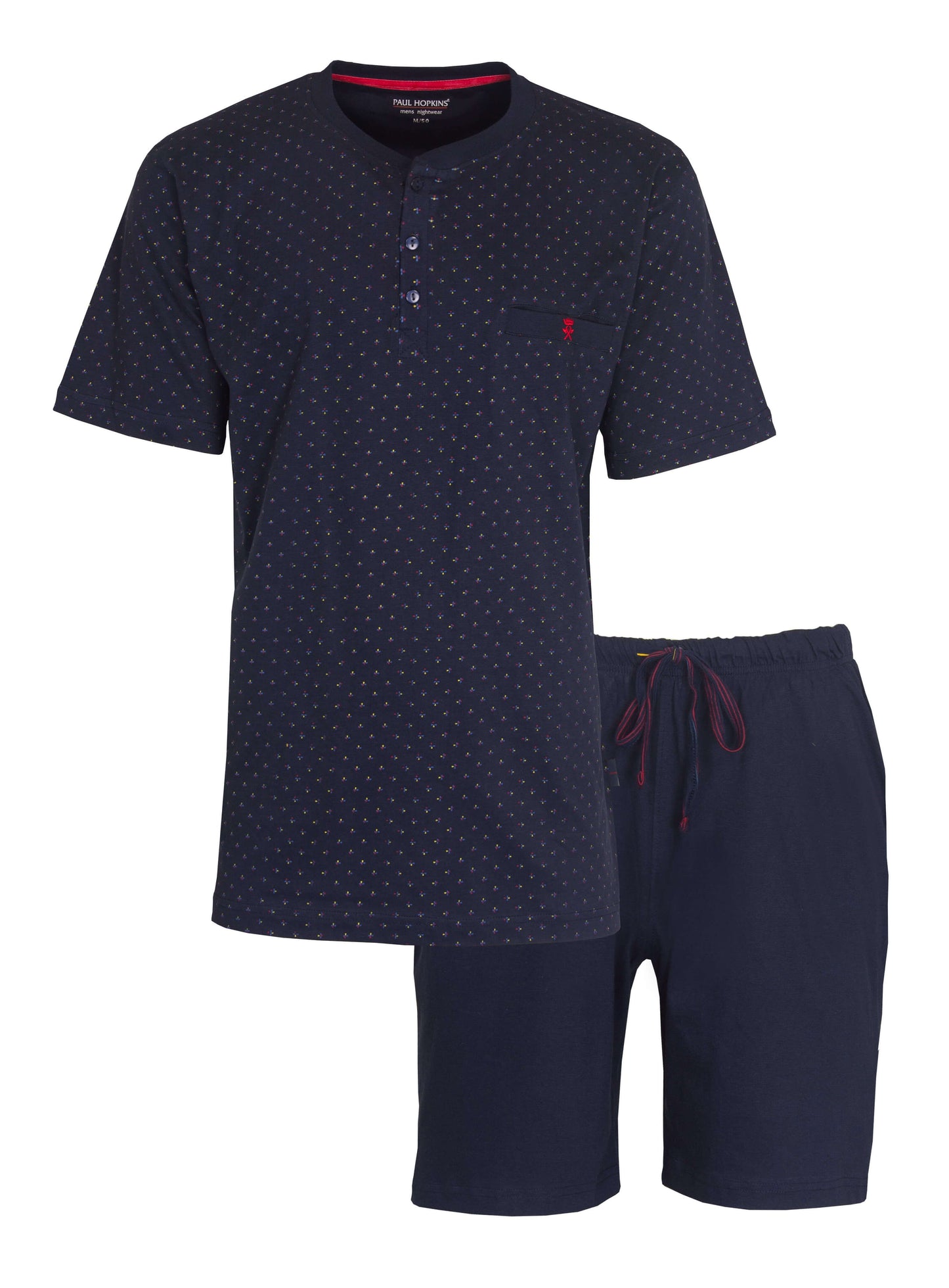 Donkerblauwe heren shortama met gest, bestaande uit een T-shirt met stippenpatroon en effen korte broek