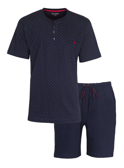 Donkerblauwe heren shortama met gest, bestaande uit een T-shirt met stippenpatroon en effen korte broek
