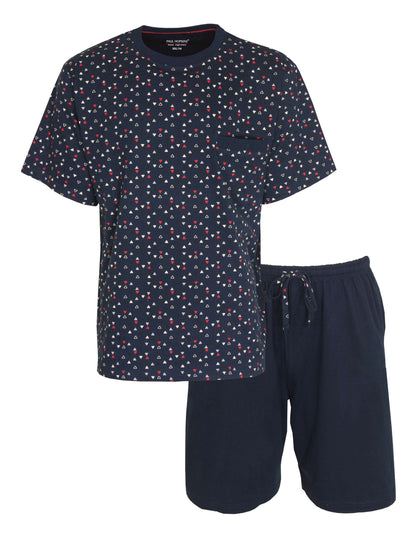 Donkerblauwe heren shortama met wit-rode driehoekjes patroon, T-shirt en korte broek set van Paul Hopkins