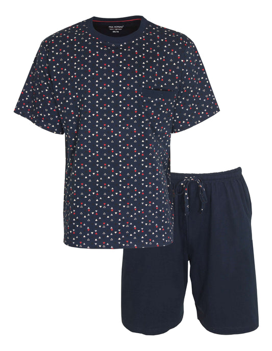 Donkerblauwe heren shortama met wit-rode driehoekjes patroon, T-shirt en korte broek set van Paul Hopkins