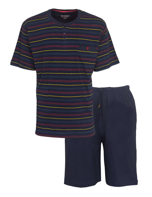 Donkerblauwe heren shortama met gekleurde strepen, bestaande uit een T-shirt en korte broek van Paul Hopkins.