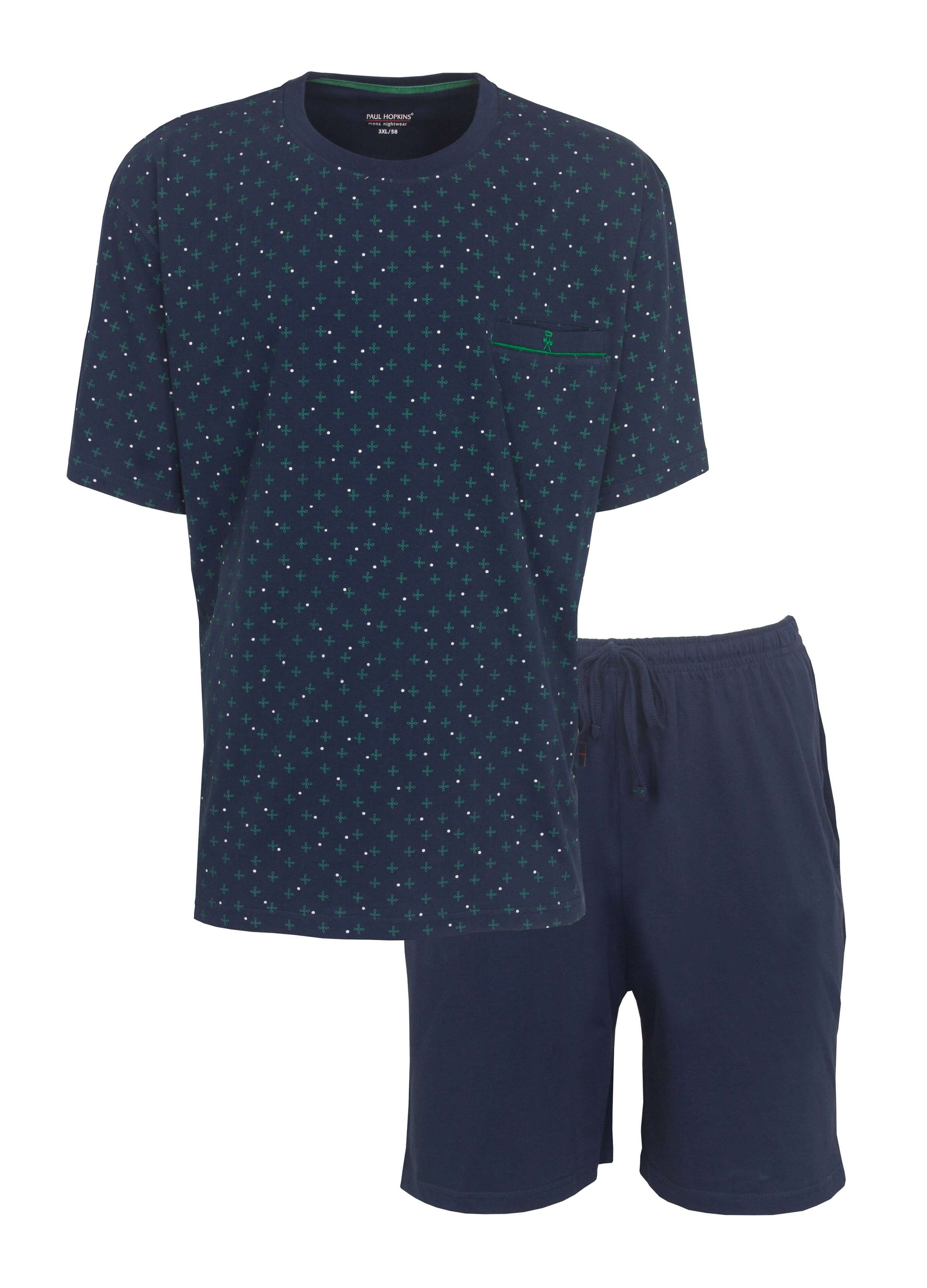 Donkerblauwe heren shortama met groen sterrenpatroon en effen korte broek van Paul Hopkins