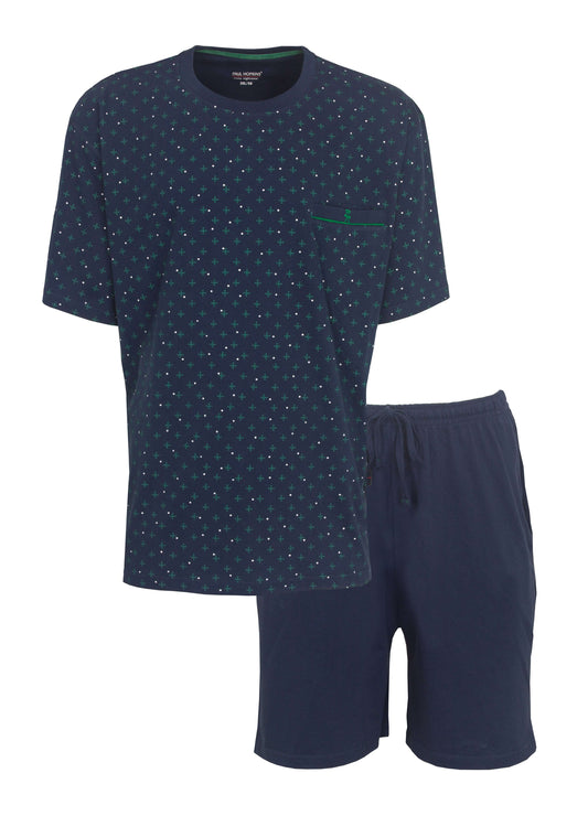 Donkerblauwe heren shortama met groen sterrenpatroon en effen korte broek van Paul Hopkins