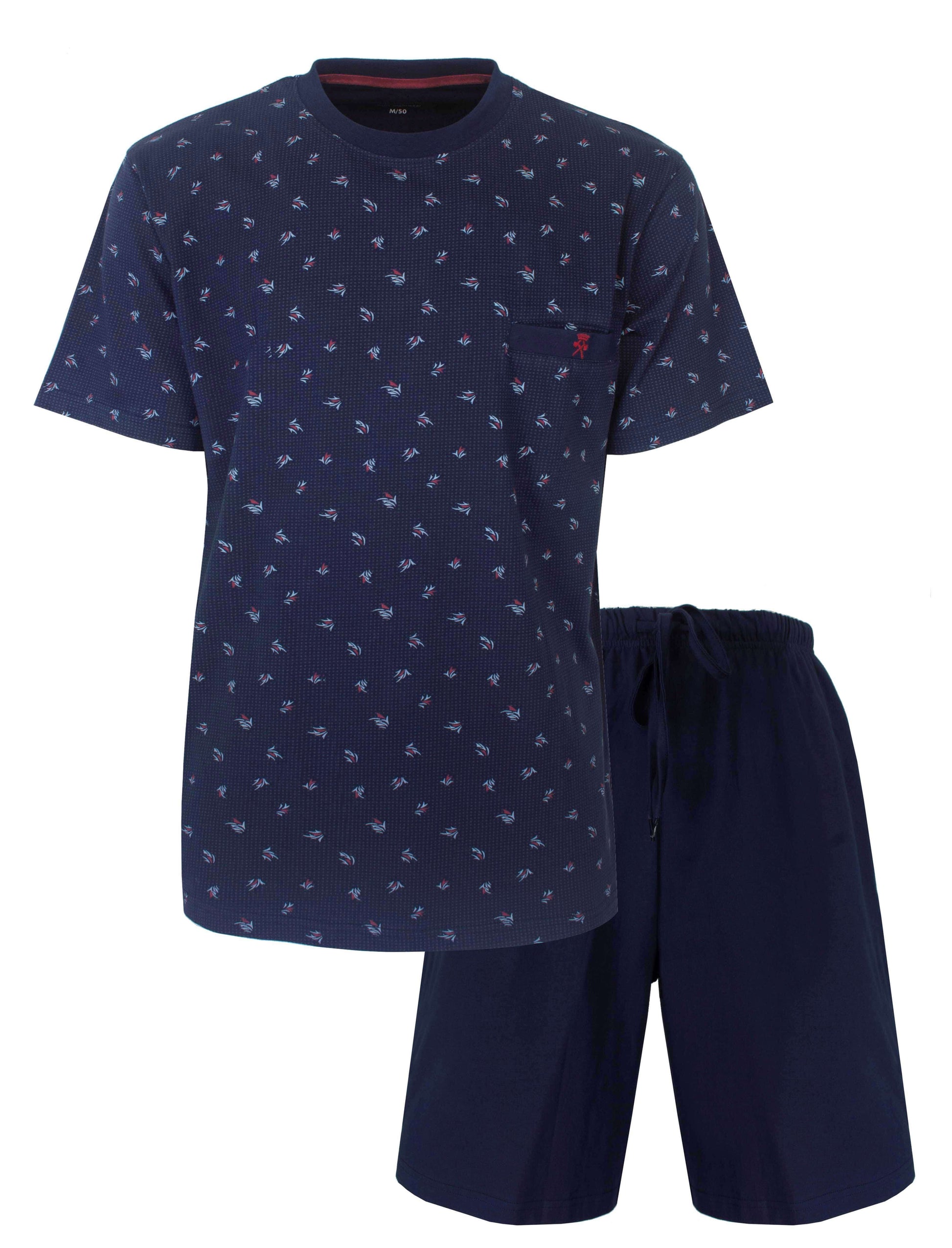 Blauwe heren shortama met rond geprinte motief en effen korte broek. T-shirt heeft korte mouwen en borstzakje.