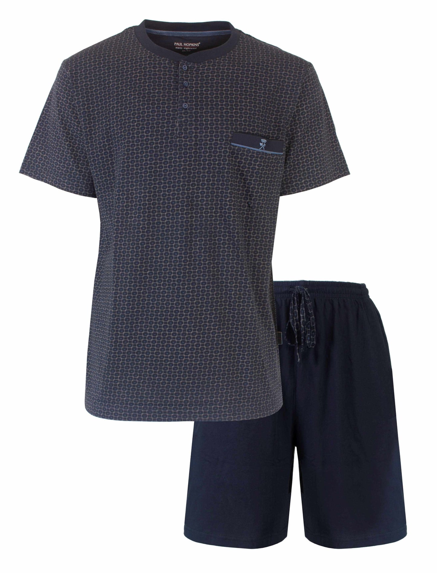 Blauwe heren shortama set met geprint dessin op shirt en effen shorts, merk Paul Hopkins.
