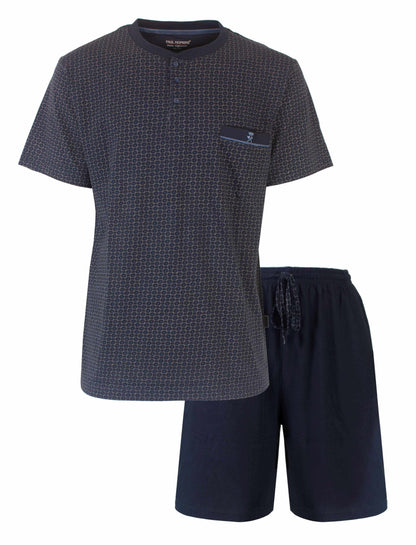 Blauwe heren shortama set met geprint dessin op shirt en effen shorts, merk Paul Hopkins.