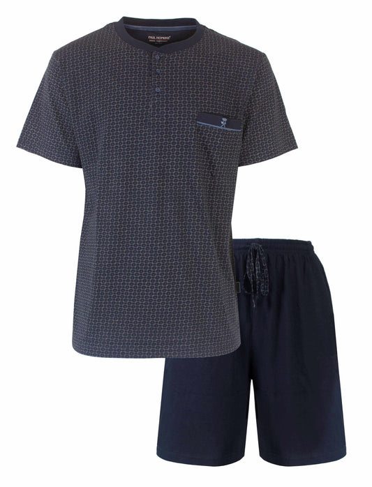 Blauwe heren shortama set met geprint dessin op shirt en effen shorts, merk Paul Hopkins.
