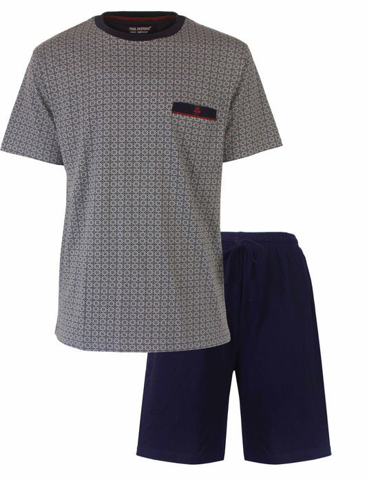 Heren shortama met grijs geprint t-shirt en donkerblauwe korte broek. T-shirt heeft een klein zakje.