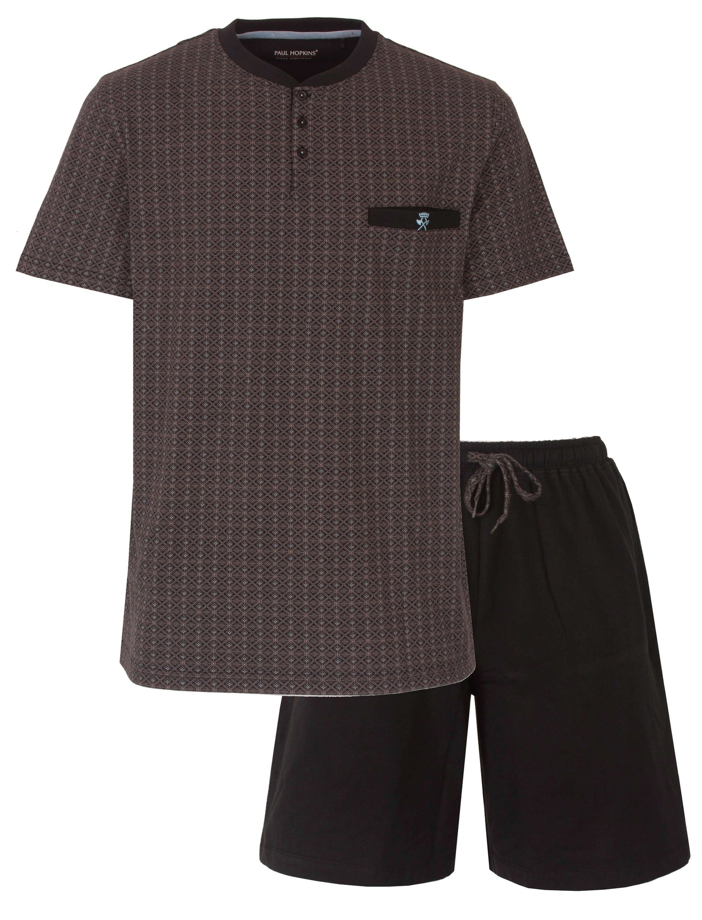 Grijze heren shortama met geprint dessin en zwarte shorts, merk Paul Hopkins