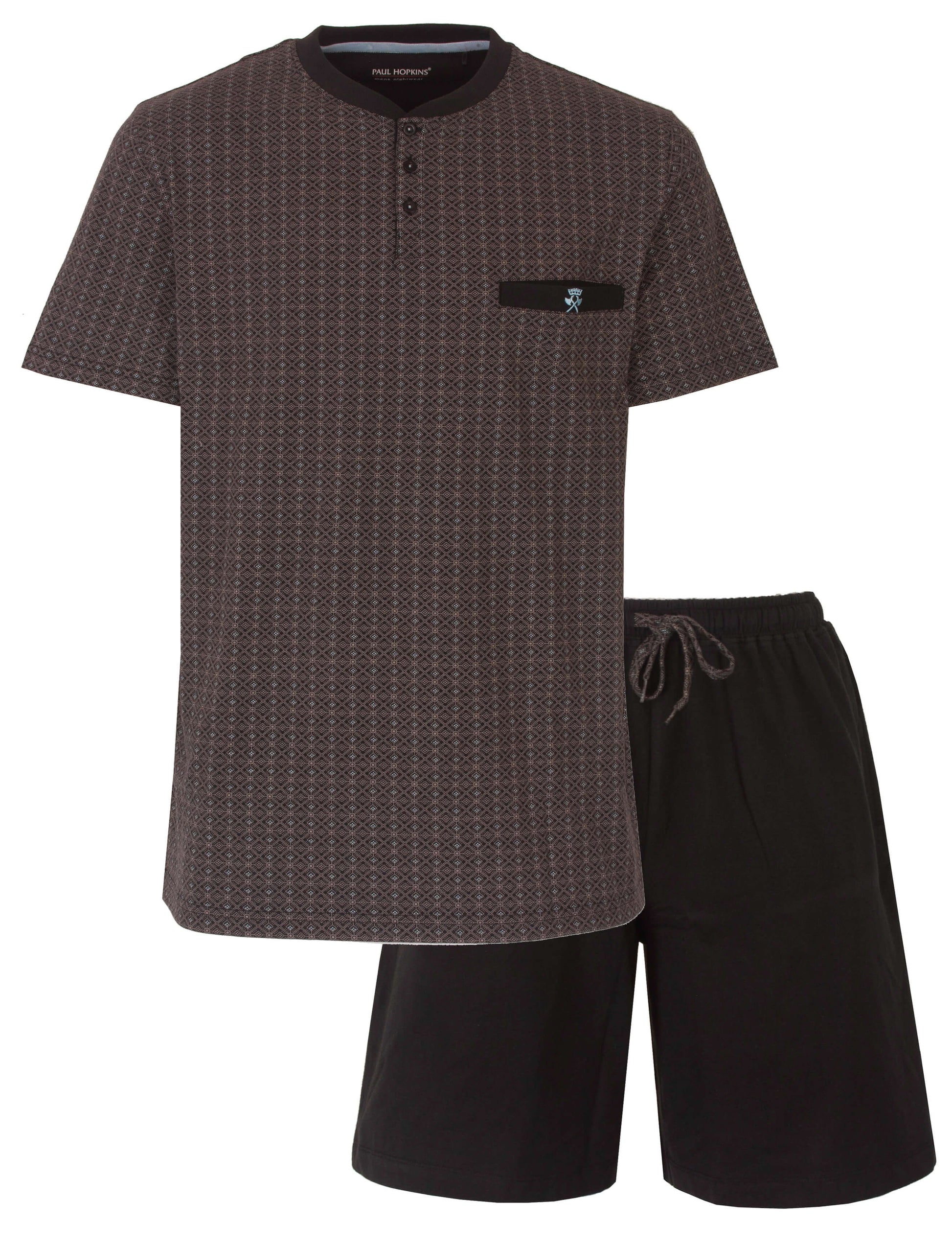 Grijze heren shortama met geprint dessin en zwarte shorts, merk Paul Hopkins