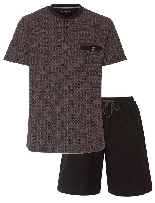 Grijze heren shortama met geprint dessin en zwarte shorts, merk Paul Hopkins