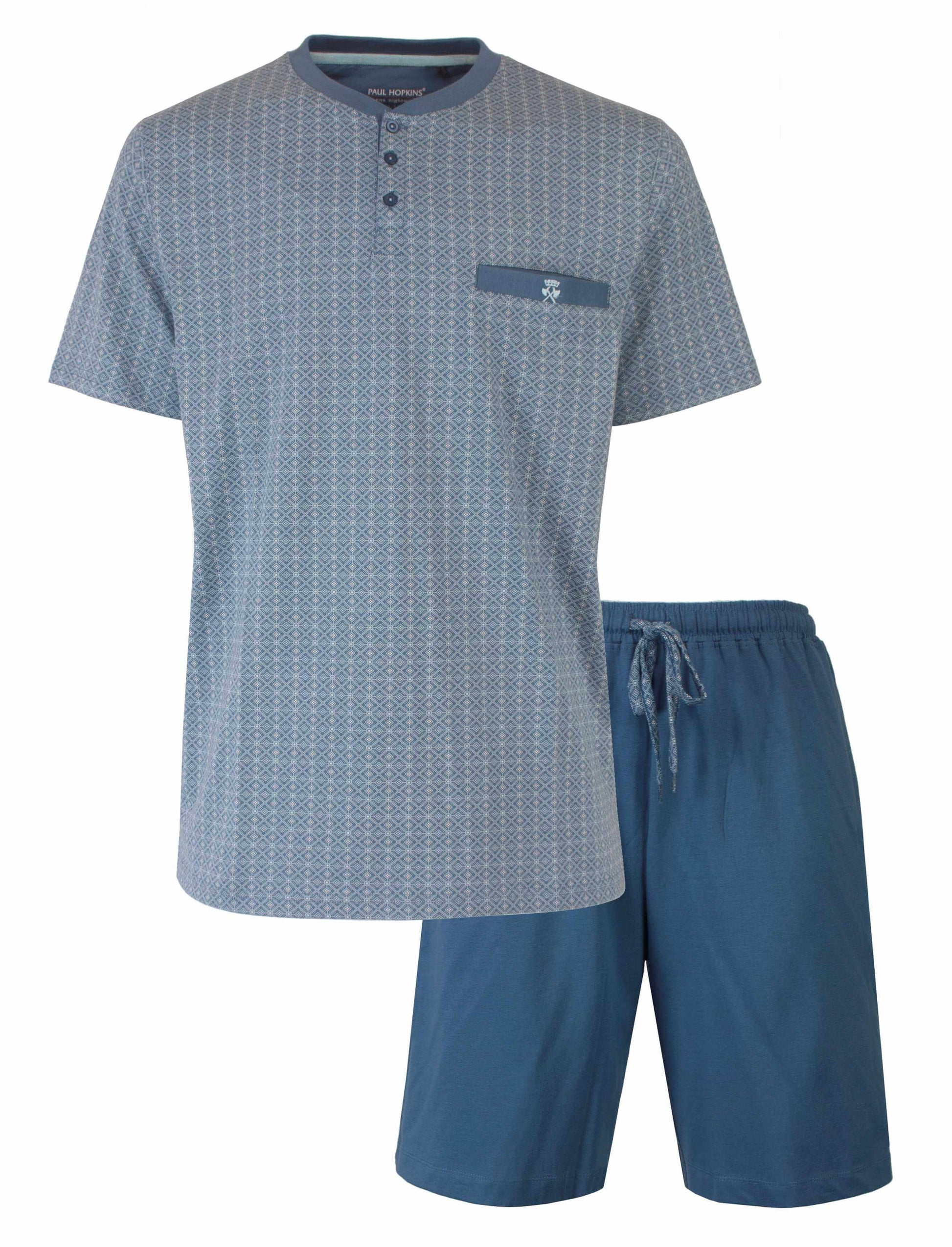 Petrolblauwe heren pyjama set met geprint dessin op shirt en effen korte broek met trekkoord