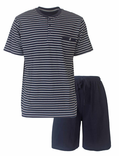 Gestreepte blauwe heren shortama met polo sluiting. T-shirt met korte mouwen en effen korte broek.