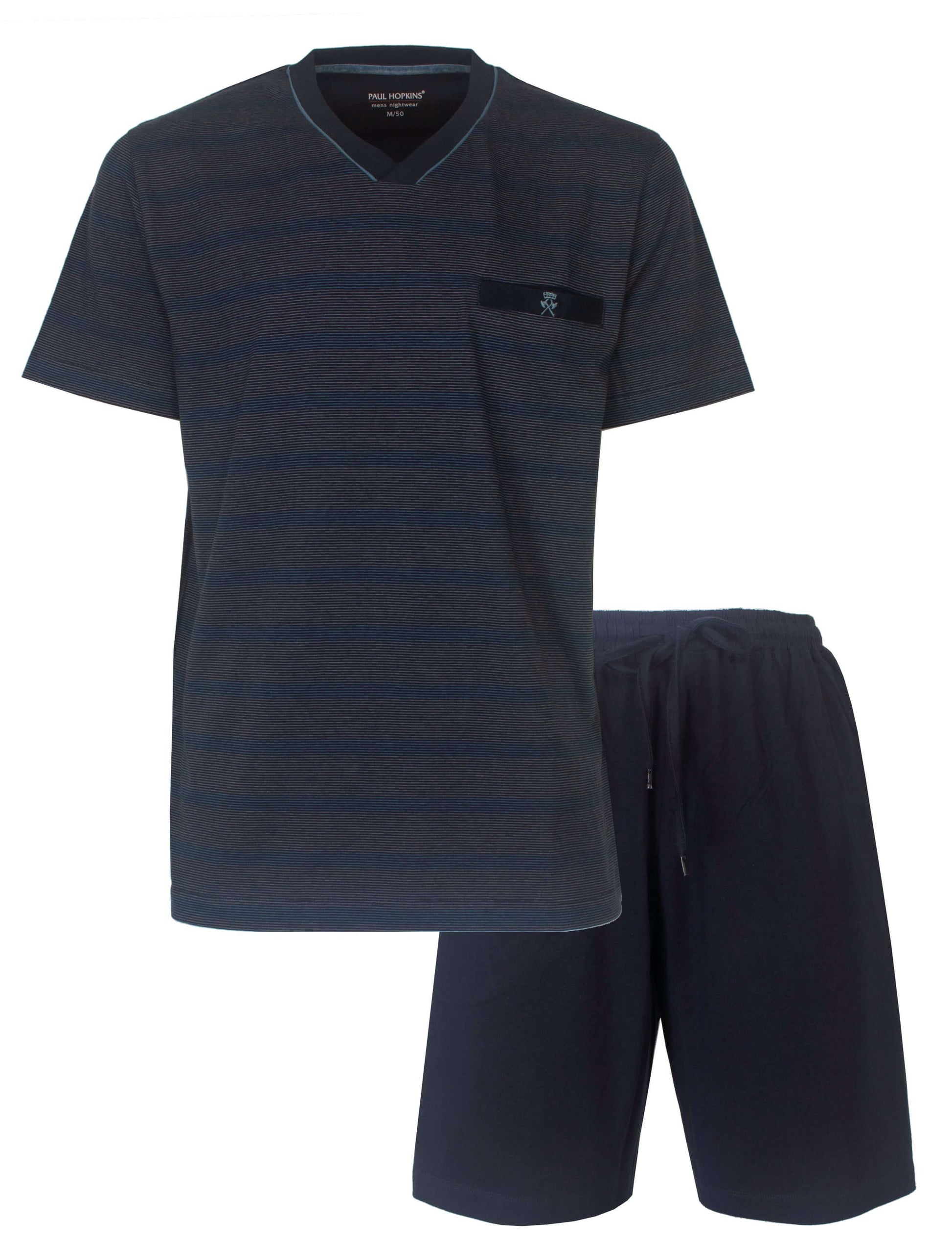Blauwe gestreepte heren shortama set van Paul Hopkins, bestaande uit een V-hals T-shirt en korte broek.