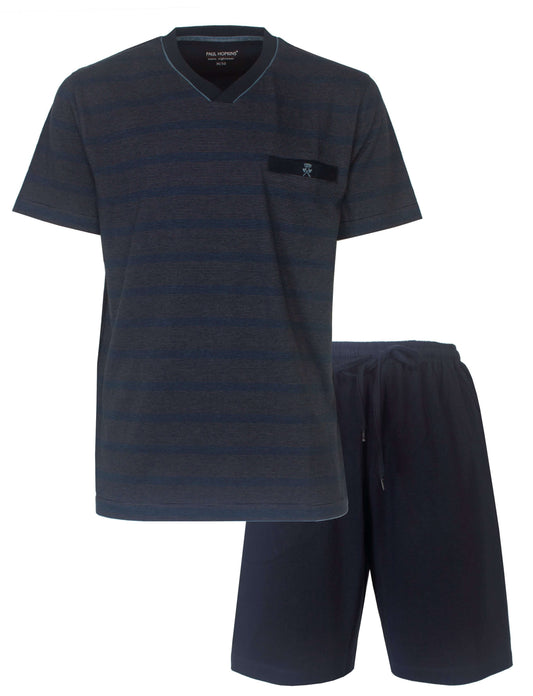 Blauwe gestreepte heren shortama set van Paul Hopkins, bestaande uit een V-hals T-shirt en korte broek.