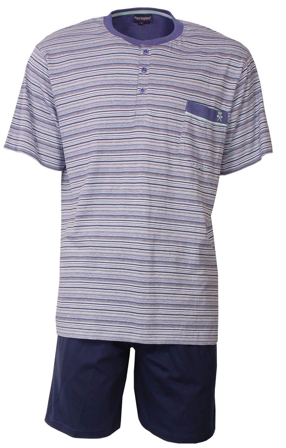 Gestreepte blauwe heren shortama met polo-sluiting, korte mouwen, borstzakje en effen blauwe korte broek.