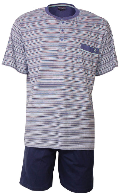 Gestreepte blauwe heren shortama met polo-sluiting, korte mouwen, borstzakje en effen blauwe korte broek.