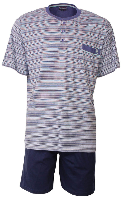 Gestreepte blauwe heren shortama met polo-sluiting, korte mouwen, borstzakje en effen blauwe korte broek.