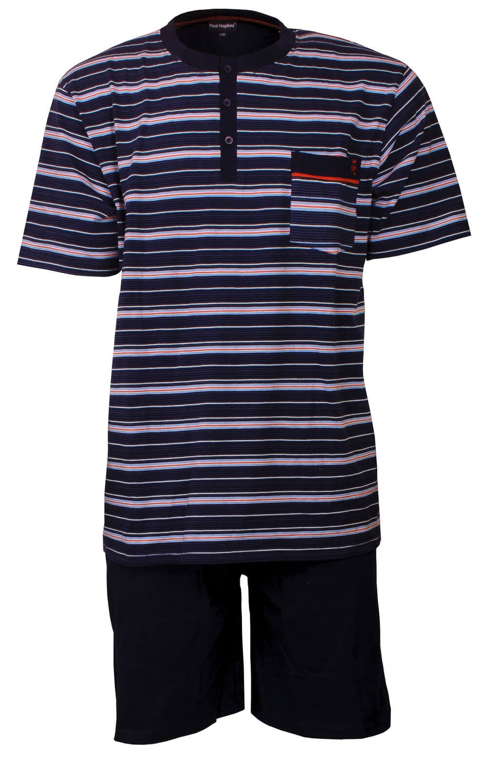 Gestreepte blauwe heren shortama met korte mouwen, polo-sluiting en bijpassende effen blauwe korte broek