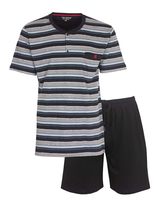 Gestreepte heren shortama set met blauw, grijs en zwart T-shirt en zwarte shorts van Paul Hopkins