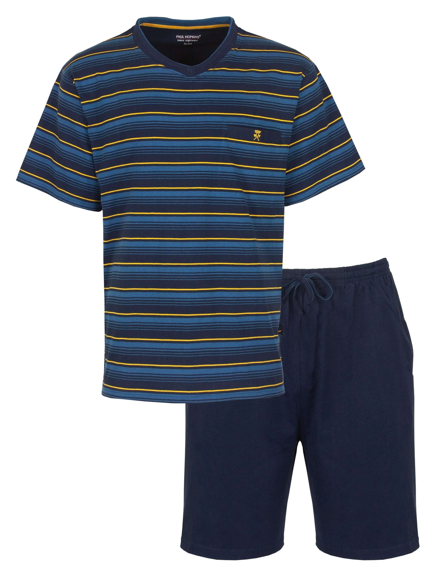 Gestreepauwe gestreepte heren shortama van Paul met V-hals T-shirt en effen korte broek van Paul Hopkins