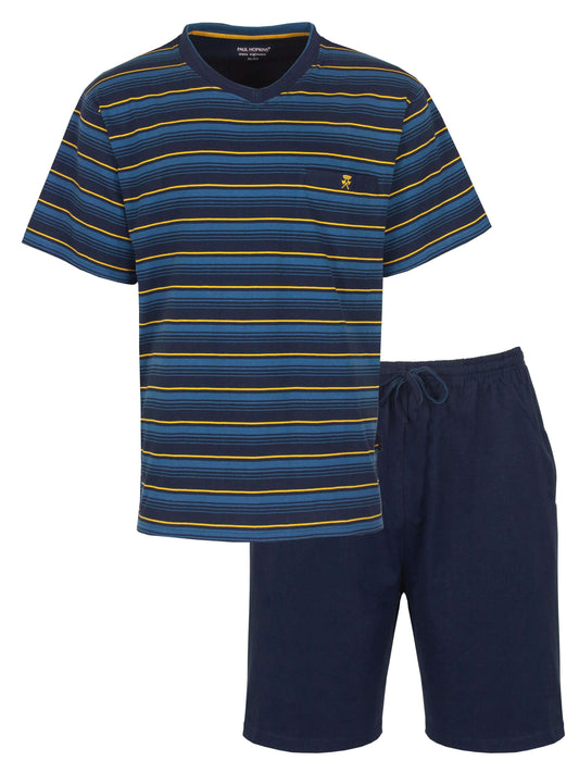 Gestreepauwe gestreepte heren shortama van Paul met V-hals T-shirt en effen korte broek van Paul Hopkins