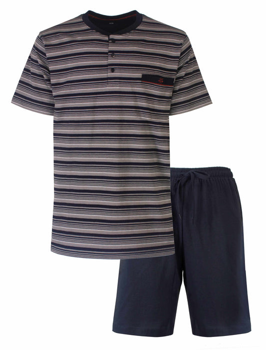 Gestreepte heren shortama met donkerblauwe korte broek en grijs-blauw gestreept T-shirt met knoopsluiting