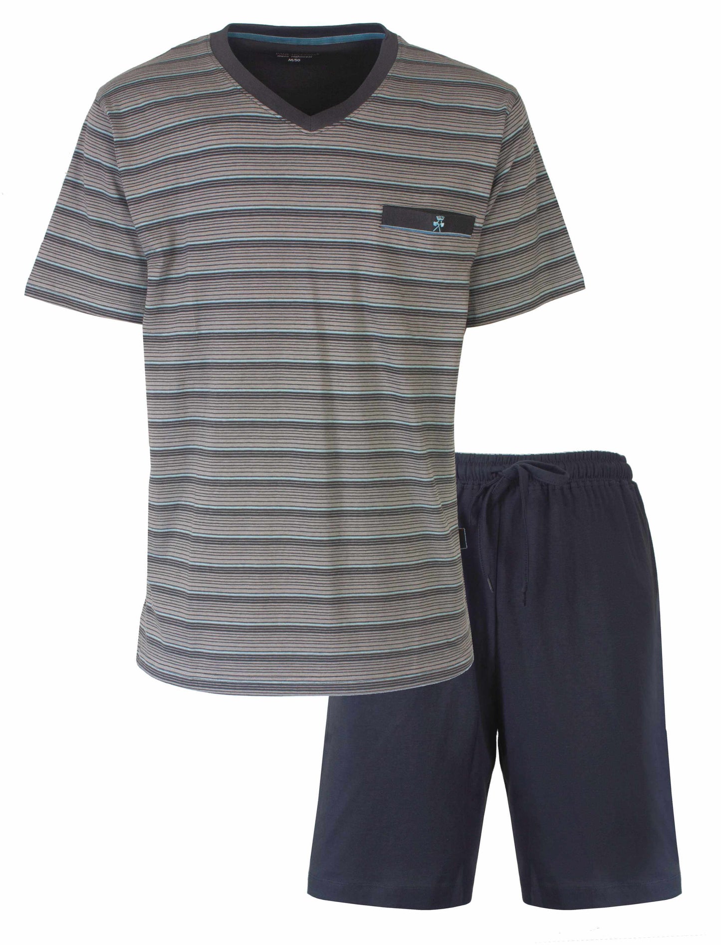 Gestreepte donkergrijze heren shortama met V-hals T-shirt en effen korte broek van Paul Hopkins