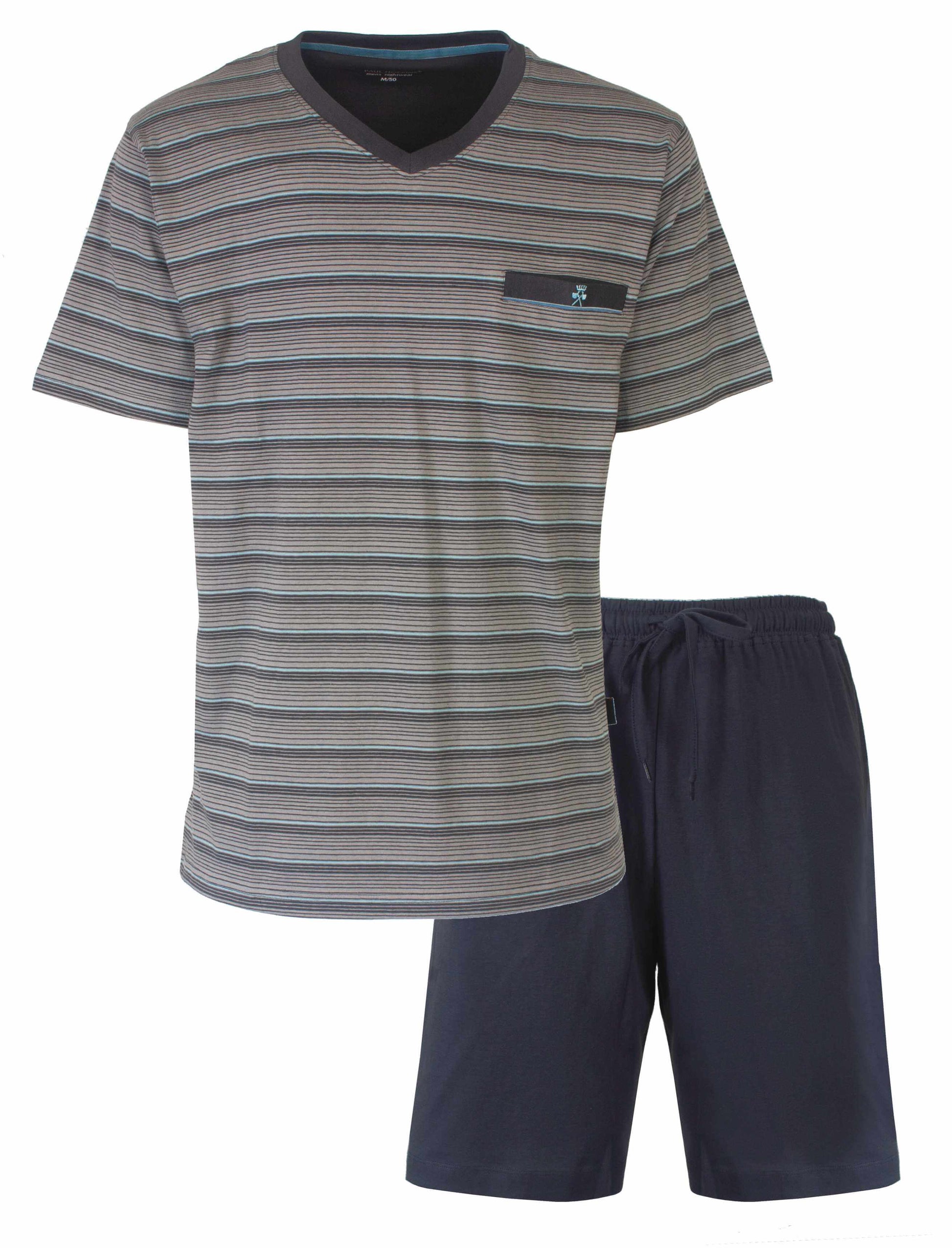 Gestreepte donkergrijze heren shortama met V-hals T-shirt en effen korte broek van Paul Hopkins