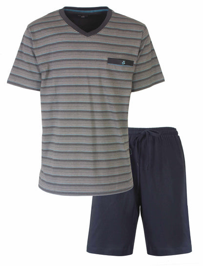 Gestreepte donkergrijze heren shortama met V-hals T-shirt en effen korte broek van Paul Hopkins