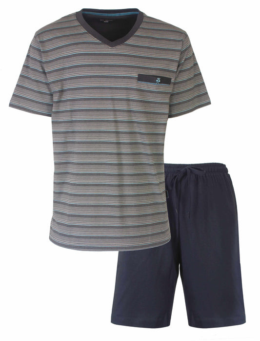 Gestreepte donkergrijze heren shortama met V-hals T-shirt en effen korte broek van Paul Hopkins