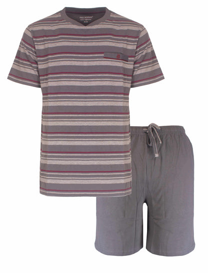 Gestreepte grijze heren pyjama set met korte broek en t-shirt, gemaakt van gekamde katoen