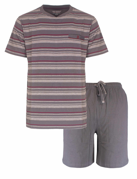 Gestreepte grijze heren pyjama set met korte broek en t-shirt, gemaakt van gekamde katoen