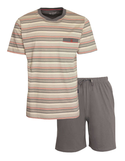 Gestreepte grijze heren shortama set.-shirt en korte broek. T-shirt heeft rood-grijze strepen en borstzakje.