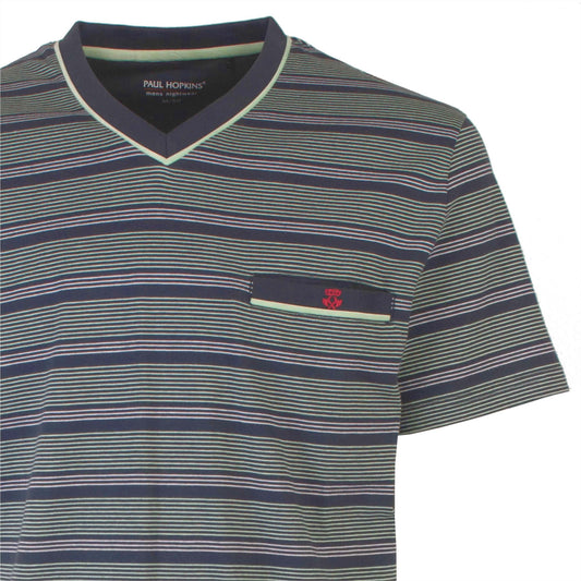 Gestreept T-shirt van Paul Hopkins met V-hals en borstzakje, in groene en blauwe tinten voor heren nachtkleding.