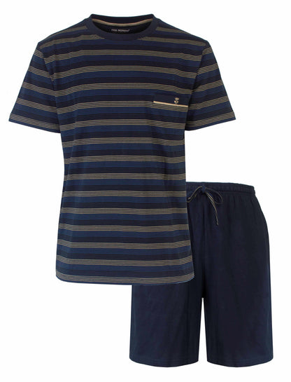 Gestreepte indigo bleren shortama met donkerblauwe short en een t-shirt met horizontale strepen in blauw- en beige tinten.