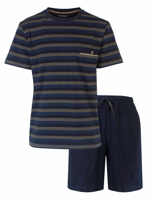 Gestreepte indigo bleren shortama met donkerblauwe short en een t-shirt met horizontale strepen in blauw- en beige tinten.