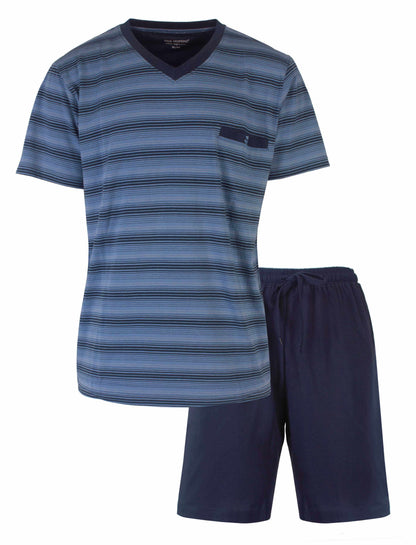 Gestreepte petrol blauwe heren pyjama set met V-hals T-shirt en effen donkerblauwe korte broek