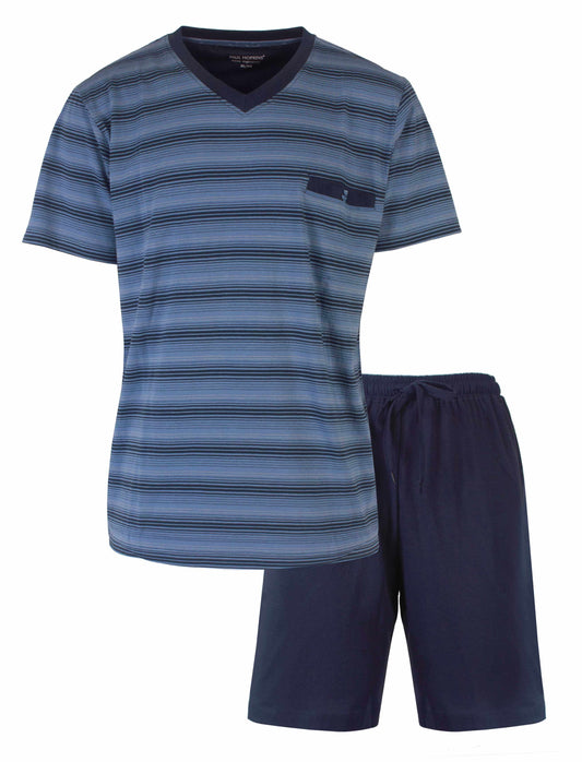 Gestreepte petrol blauwe heren pyjama set met V-hals T-shirt en effen donkerblauwe korte broek