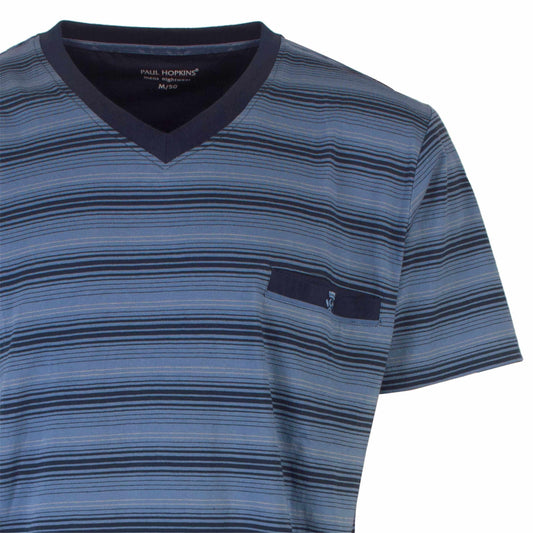 Gestreept Paul Hopkins heren pyjama shirt in petrol blauw met donkere strepen en V-hals