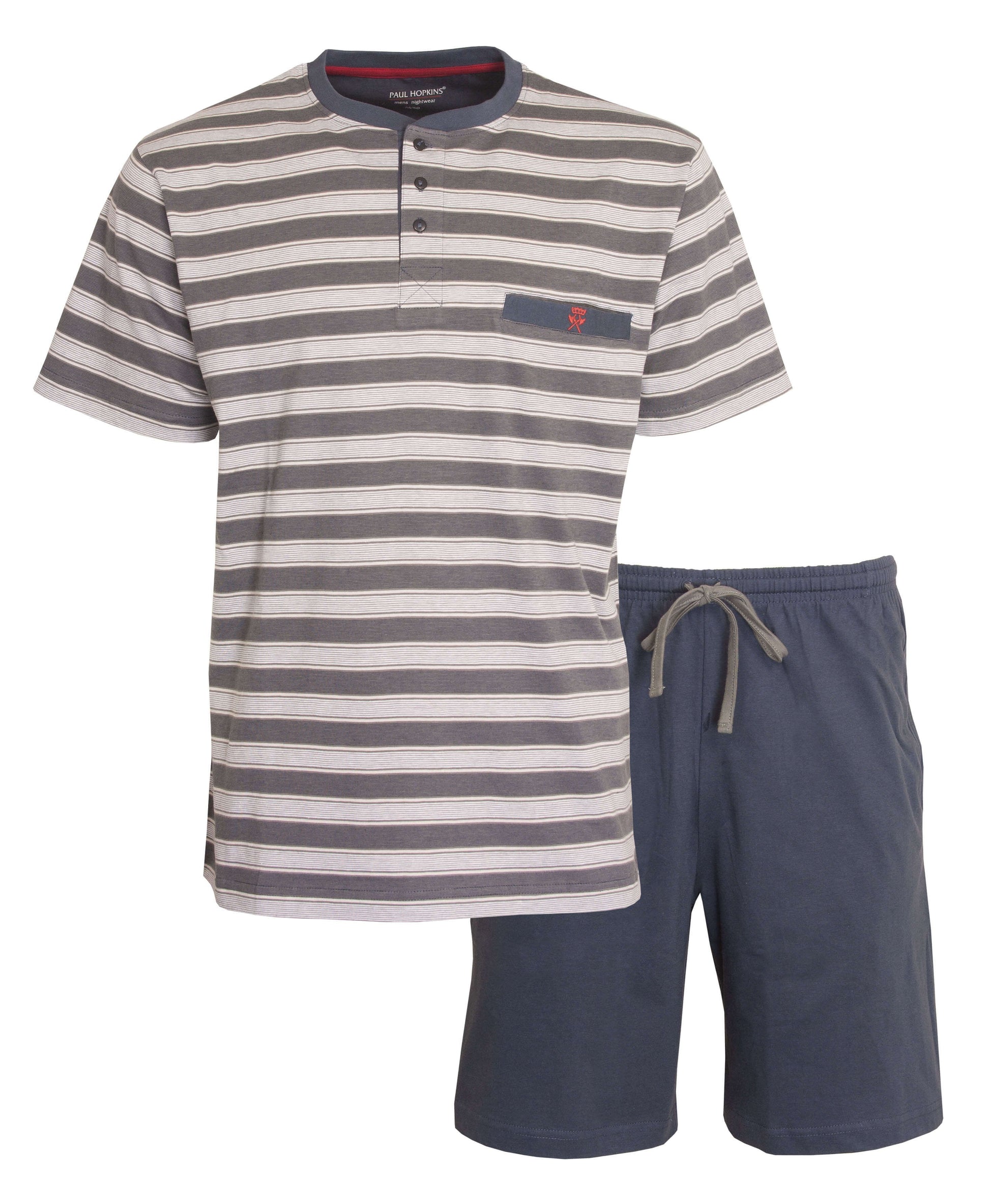 Grijze gestreepte heren shortama set met knoop-polo shirt en effen korte broek met trekkoord