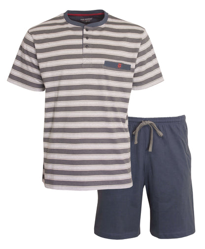 Grijze gestreepte heren shortama set met knoop-polo shirt en effen korte broek met trekkoord