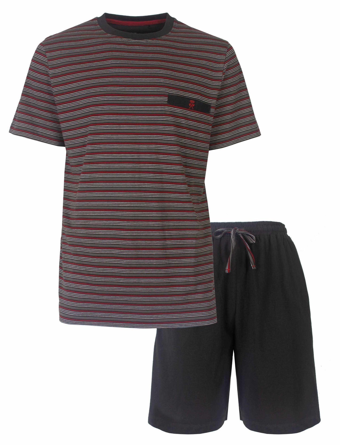 Grijze gestreepte heren shortama set met ronde hals t-shirt en effen korte broek met trekkoord