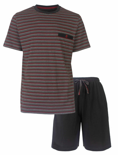 Grijze gestreepte heren shortama set met ronde hals t-shirt en effen korte broek met trekkoord