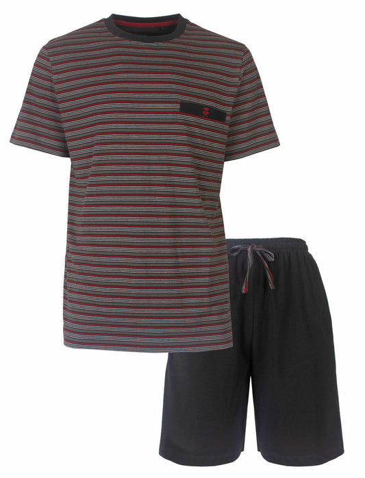Grijze gestreepte heren shortama set met ronde hals t-shirt en effen korte broek met trekkoord