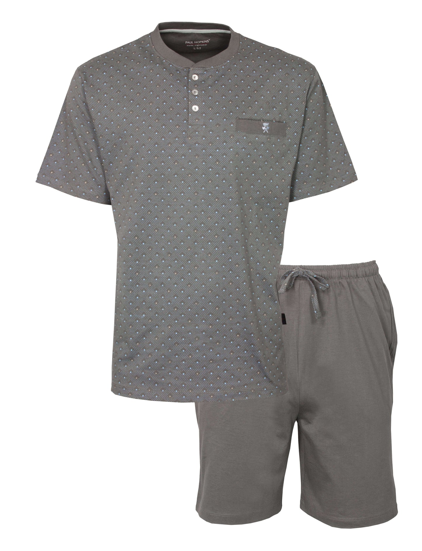 Grijze heren shortama met gestippeld shirt en effen shorts, beide gemaakt van katoen. Paul Hopkins merk.