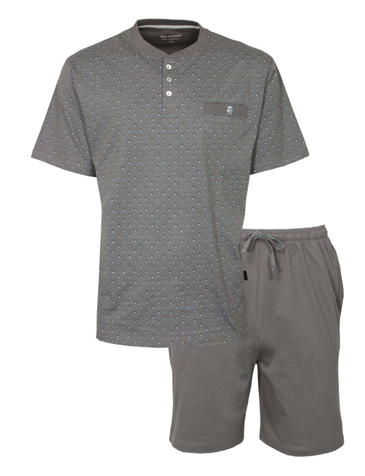 Grijze heren shortama met gestippeld shirt en effen shorts, beide gemaakt van katoen. Paul Hopkins merk.