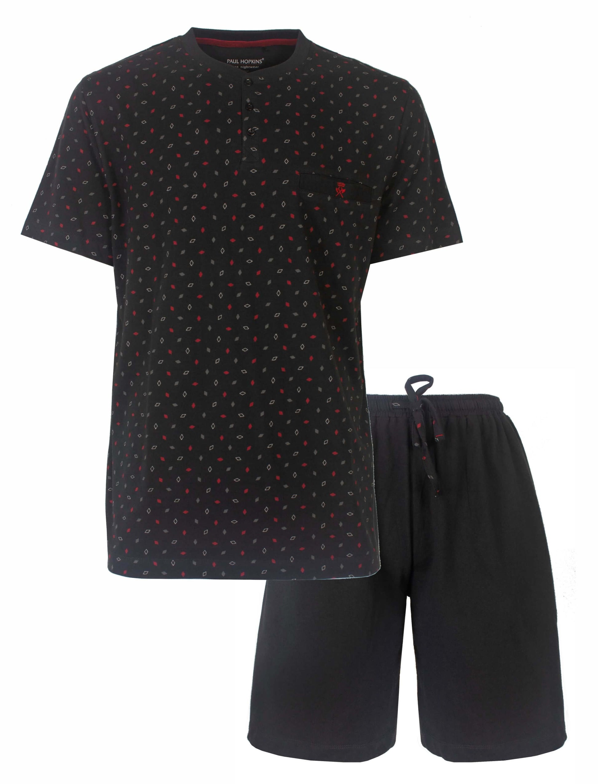 Grijze heren shortama met rood-wit geprint patroon, polo sluiting en bijpassende korte broek.