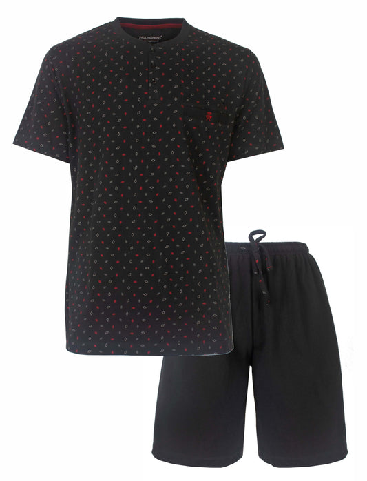 Grijze heren shortama met rood-wit geprint patroon, polo sluiting en bijpassende korte broek.